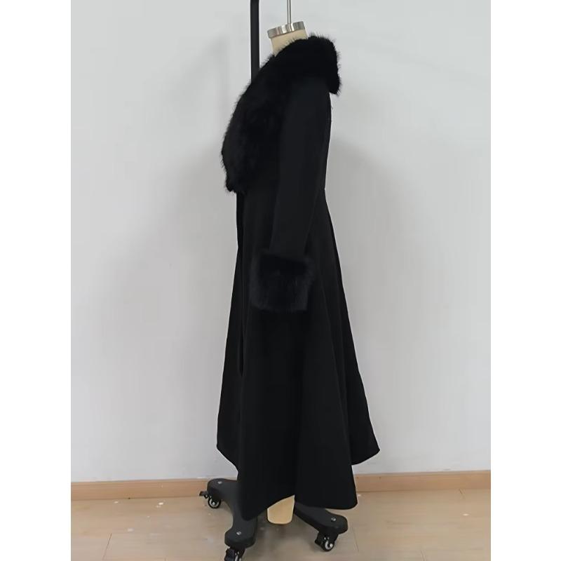 Women Wool Blend Coat Faux Fur Collar Cuffs Fitted Waist Flared Maxi Silhouette Outerwear Winter Elegant Street Overcoat