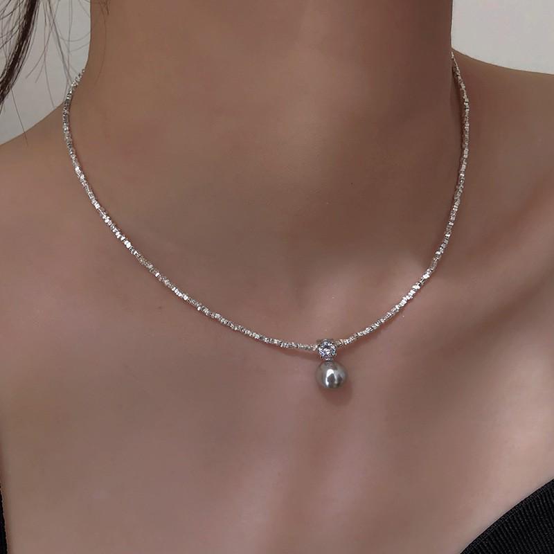 Colier choker cu lanț de claviculă cu pandantiv perlă din argint sterling S925 pentru femei