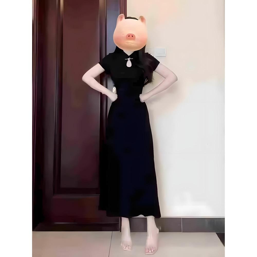 

Черное платье облегающего кроя для женского летнего похудения, темпераментная пряжка, улучшенная юбка ципао XL- (recommended 110-60kg)