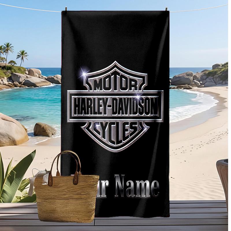 Asciugamano da Spiaggia Personalizzato Harley-Davidson, Stampa il Tuo Nome Testo Asciugamano Leggero Assorbente per Nuoto Viaggio