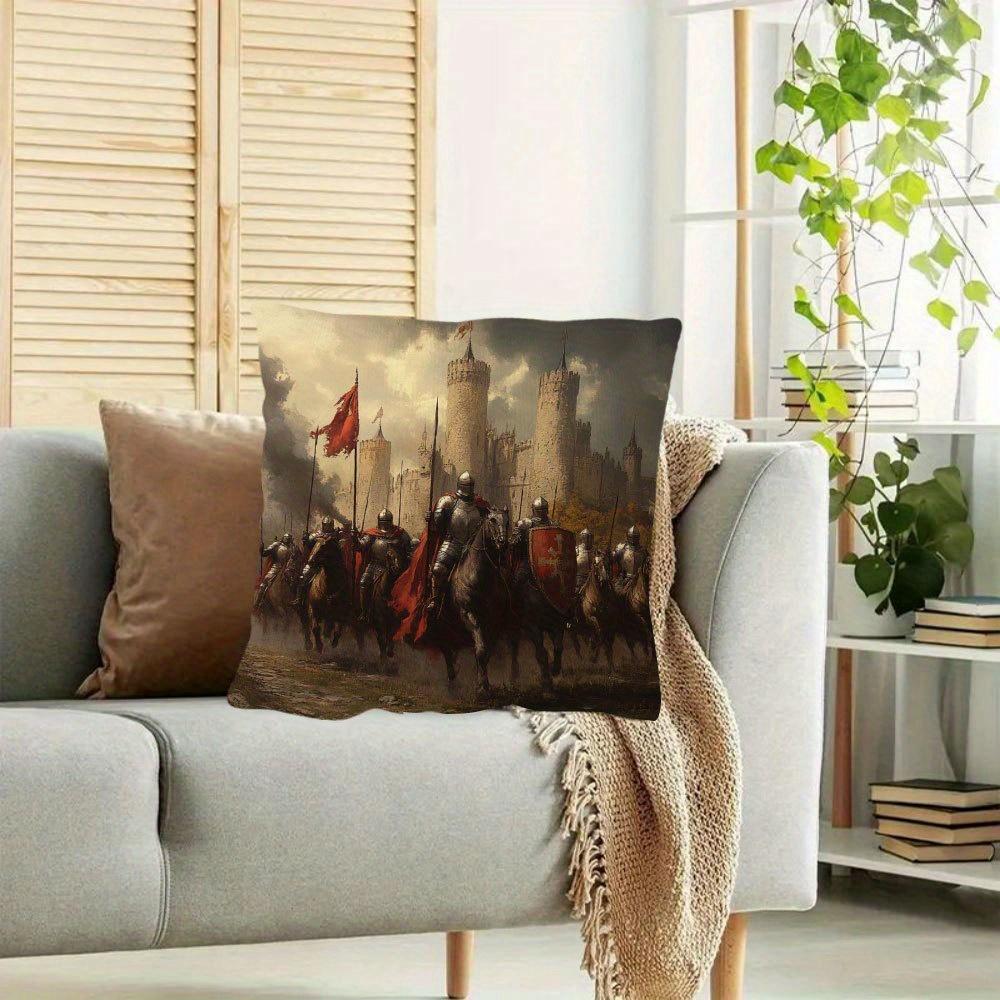 1Pc Medieval Knights Pillow Cover, 18X18 Inch, Short Plush Decorative Cushion Case With Zipper Closure, Single-Sided Print, Poly