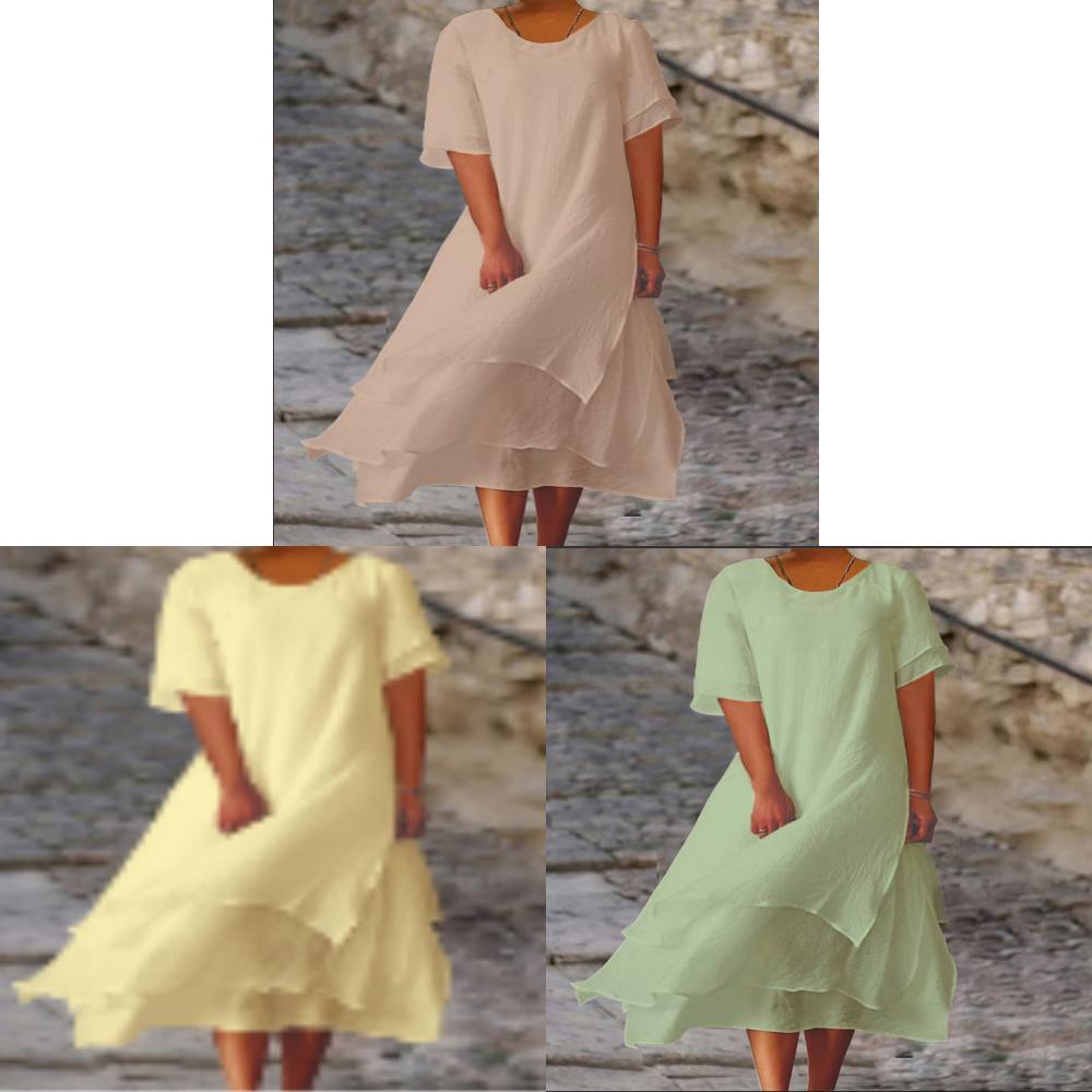 Vestito Corto a Maniche Corte con Scollo Rotondo, Bicolore, a Doppio Strato, in Cotone e Lino, per Uso Casual