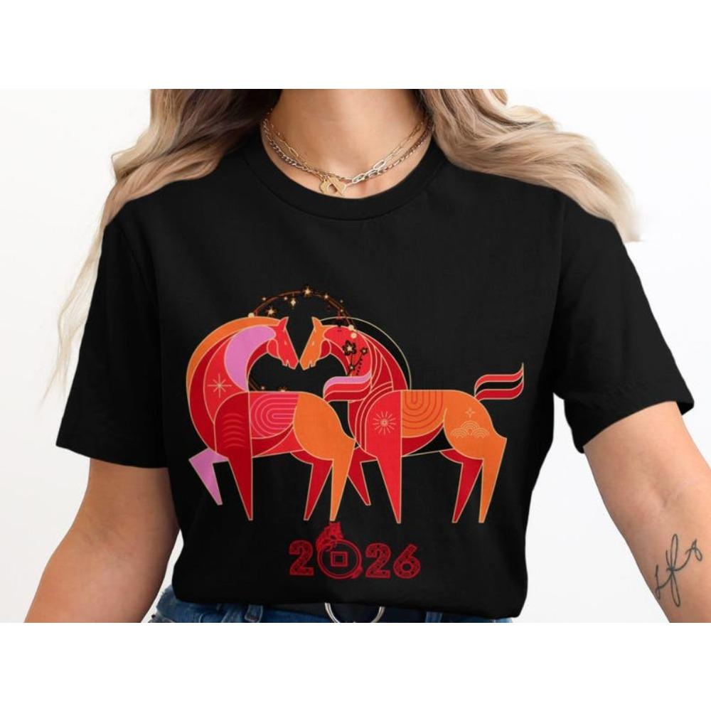 Mondneujahr 2026 T-Shirt Jahr des Pferdes Chinesisches Tierkreiszeichen T-Shirt Kreatives Design Frohes Neues Jahr Herren Damen T-Shirt Baumwoll-Oberteile