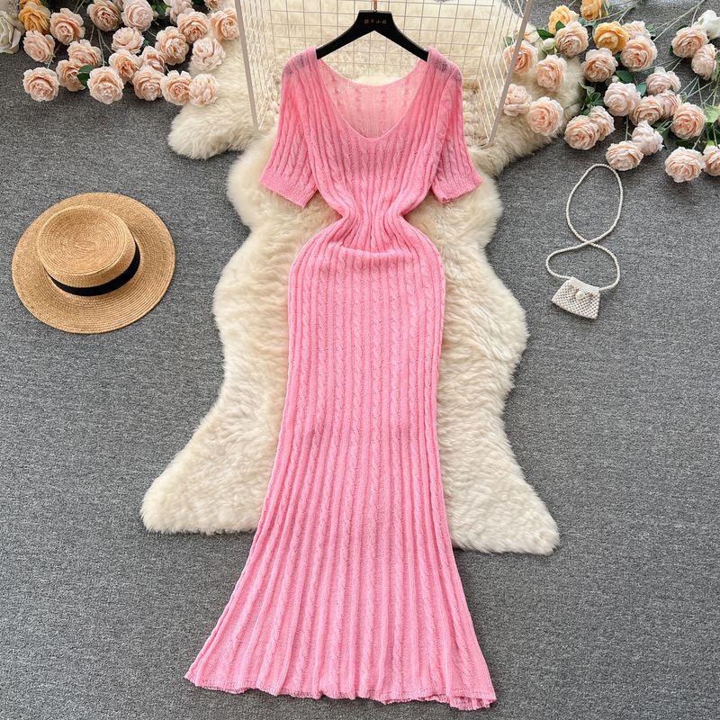 

Female Summer ABG Hole Silm Bandage Dress Knitting Dress Pink One size
