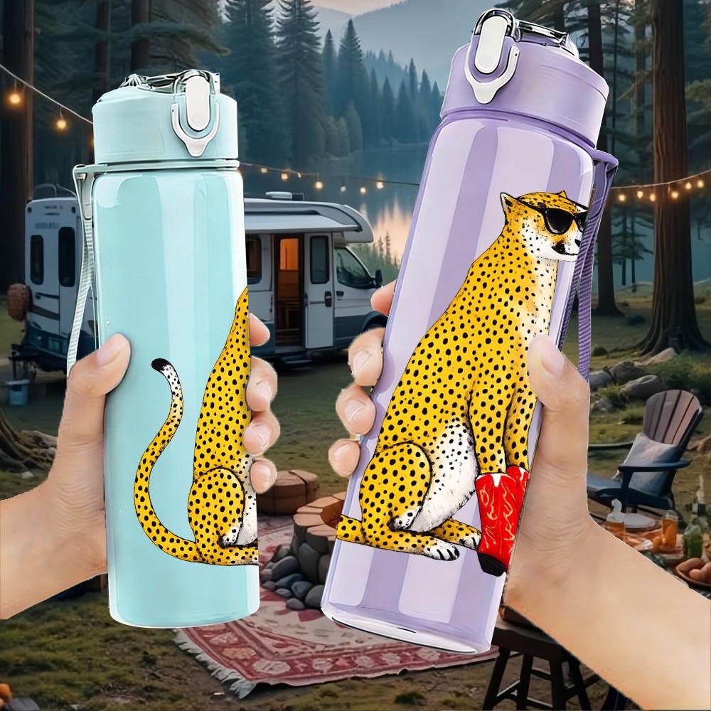 1PC Spotted Cheetah Wild Cat Animal Print 750ml Color Plastic Sports Water Bottle Leakproof Flip Straw Lid Suitable for Sports Office Home Use