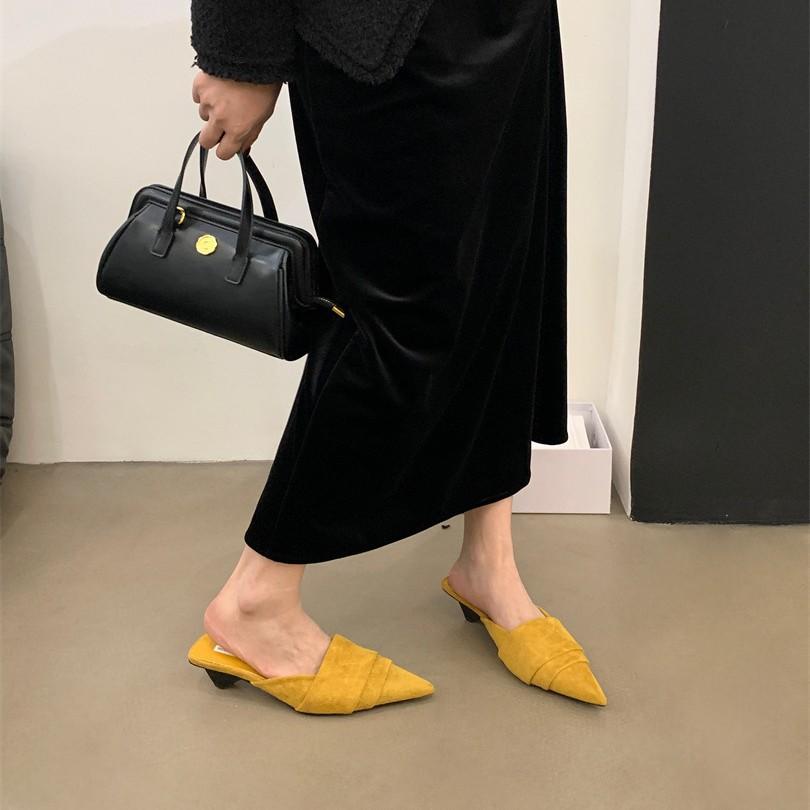 Inside and outside full leather muller shoes special-shaped heel pointed leopard print bag head slippers fashion medium heel half drag lazy drag