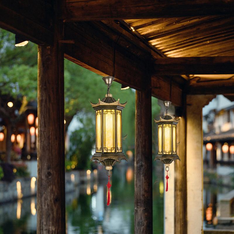 Sześciokątny pawilon zewnętrzny wodoodporny wiszący światło, chiński styl dziedziniec, pergola zewnętrzna, dziedziniec, wejście do willi, okap