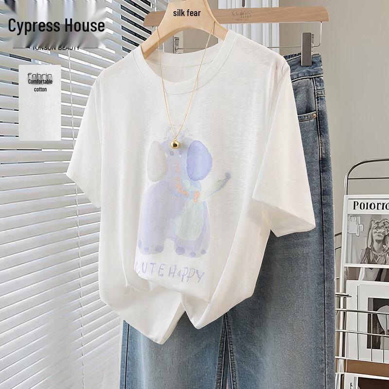 Women s Lyocell Round Neck Cartoon Print Short Sleeve T-Shirt ONE SIZE