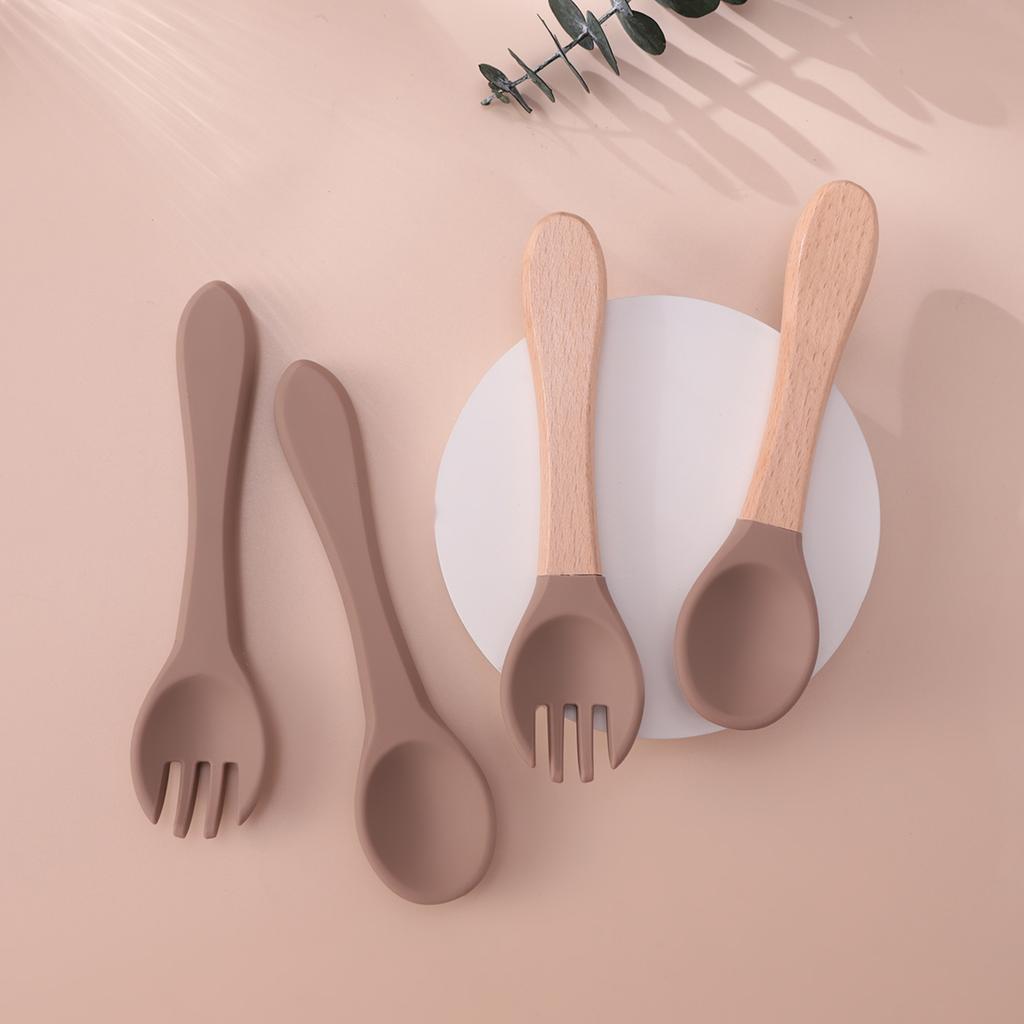 Color Kids 4PCS Silicone Baby Feeding Spoon Fork Set BPA Free Wood Handle Training Utensils For Infants Newborn Accessories