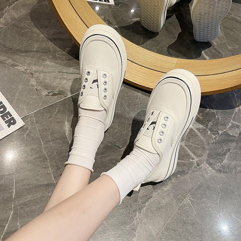 Thick-soled Elastic One-pedal Canvas Shoes for Women's New Versatile Breathable Casual Shoes Heightening Little White Shoes Board Shoes for Women