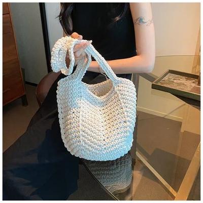 New Shoulder Cotton Thread Straw Bag Hand-woven Bag Women's Large Capacity Bucket Bag Versatile Seaside Resort Sand
