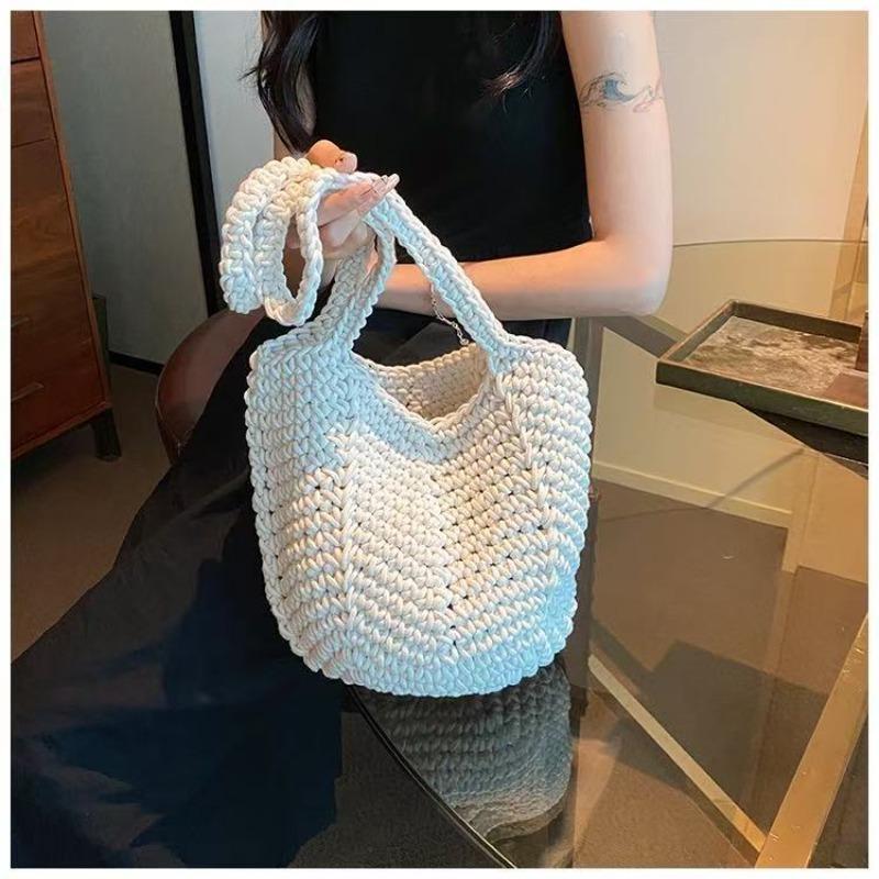 New shoulder cotton thread straw bag hand-woven bag women's large capacity bucket bag versatile seaside resort sand