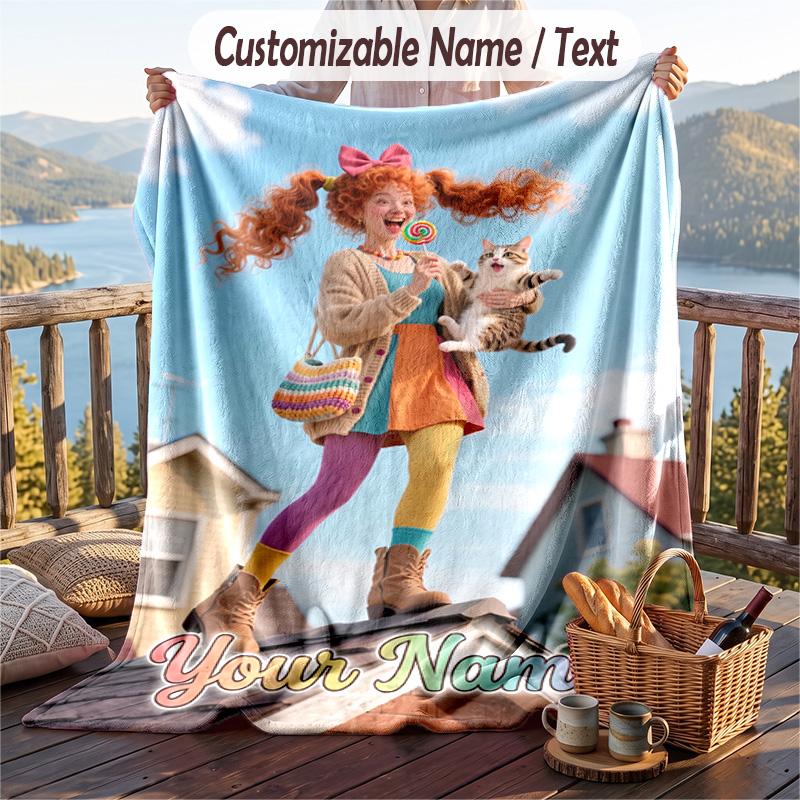 Custom Text Flannel Throw Blanket, Lightweight Cozy Bed Sofa BlanketPippi Longstocking