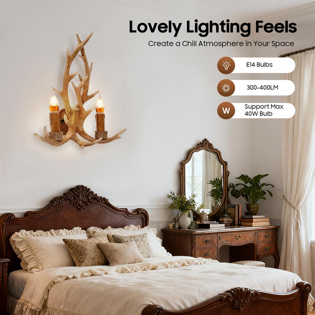 Antler Wall Lamp Vintage, Resin Iron Wall Light with 2 E14 Bulbs, Warm White LED for Living Room, Bedroom, Study