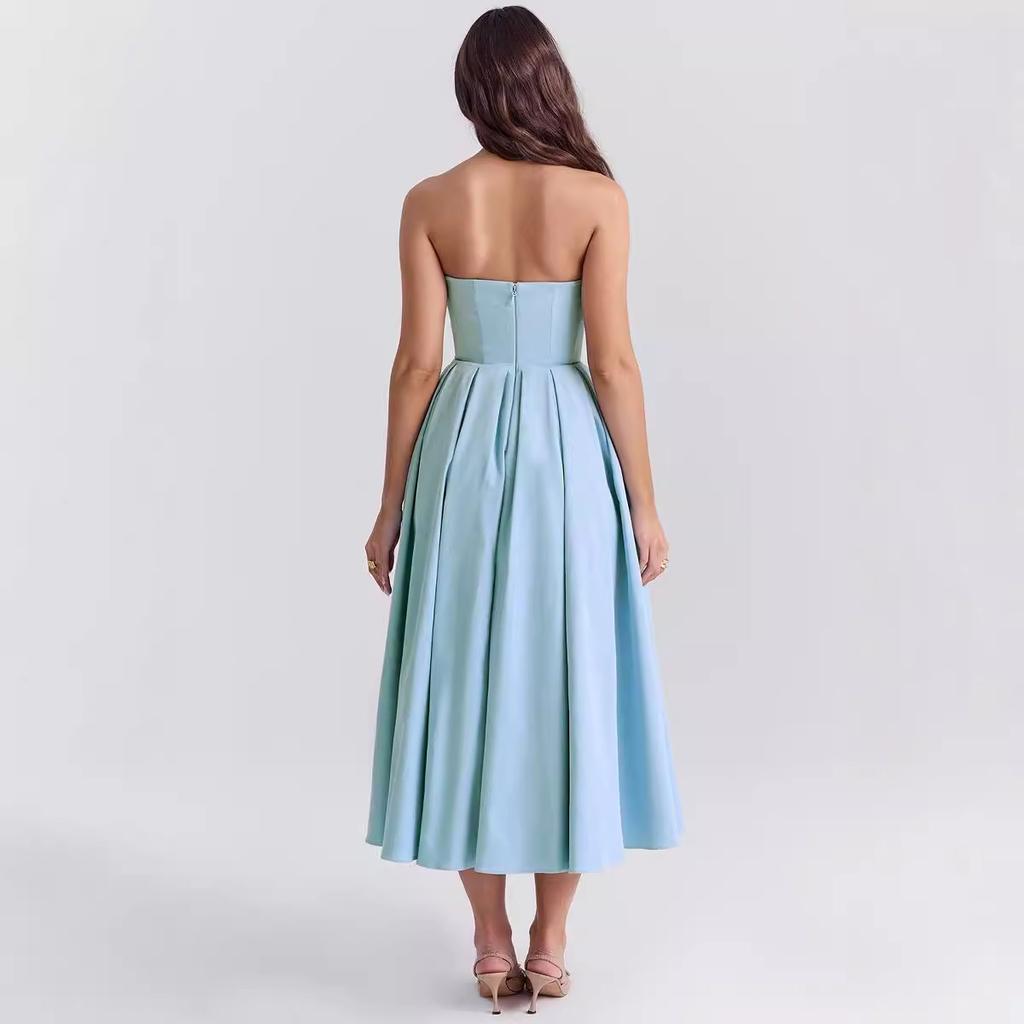 French Retro Solid Color Sleeveless Pleated Design Medium and Long Tube Top Dress Women's European and American Seaside Vacation Dress