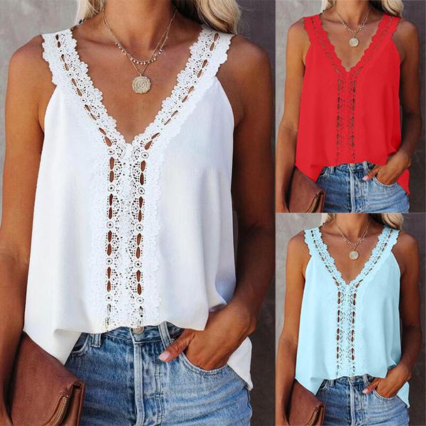 

Женщины Лето Кружева Принт Танк Топы Сексуальные Глубокие V Вырез Сплошной Цвет Выдолбленная Блузка Без Рукавов Топы