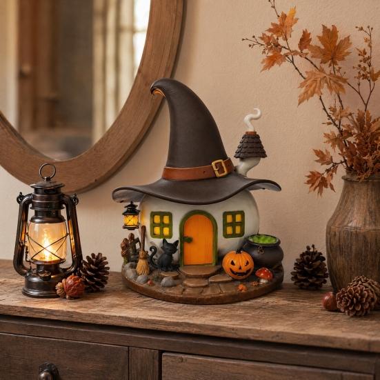 Halloween Witch House Ornament, Decorative Desktop Halloween Ornaments with Black Cats Pumpkin Lanterns Magic Brooms for Party Table Decorations and