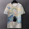 Summer Round Neck Artistic Cat and Floral Pattern 3D Print Top Fashionable Casual Short Sleeved Men's T-shirts