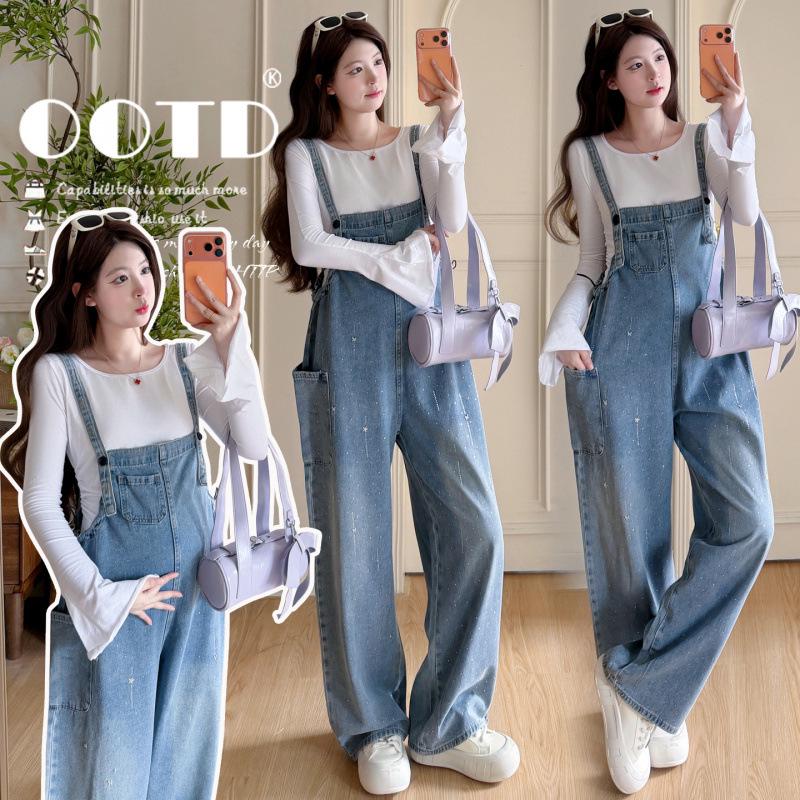 2026 Trendy Rhinestone Adjustable Maternity Denim Overalls & Bell Sleeve Ensemble XL