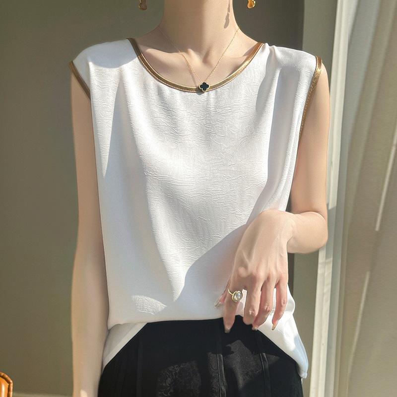 High-end Summer Style Round Neck Gold-edged Contrasting Suspender for Women Niche T-shirt for Women for Women Silky Satin Wide Shoulder Strap Vest
