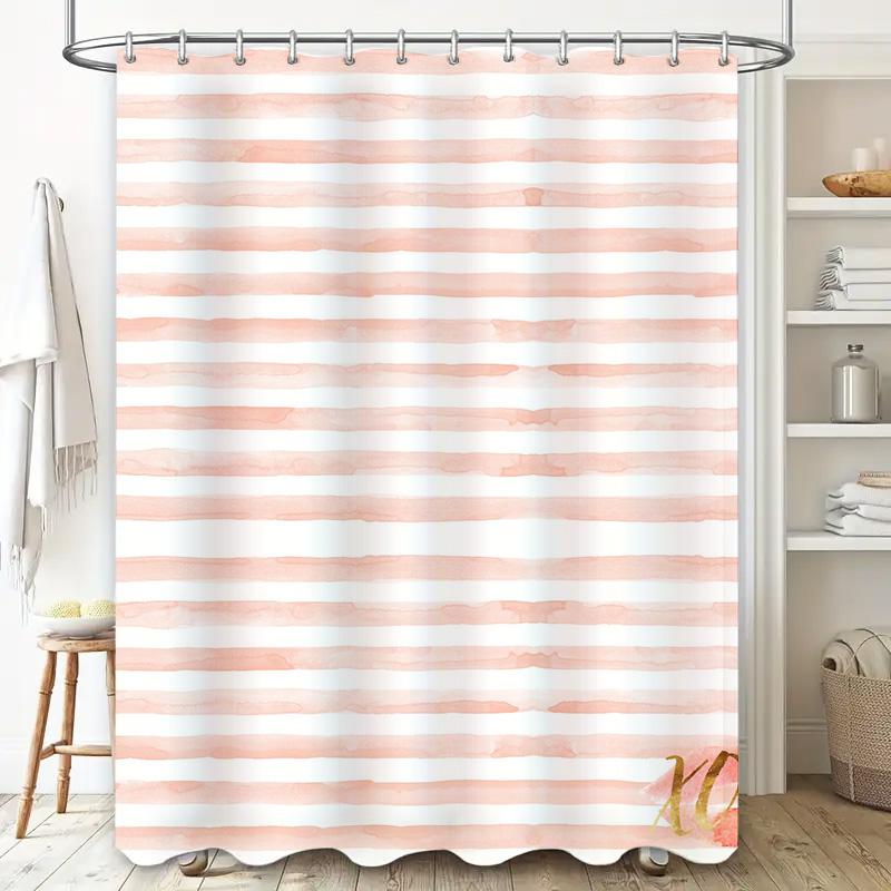 Soft Coral Striped Shower Curtain Pink Bath Decor Watercolor Stripe Waterproof Liner Home Bathroom Drape For On