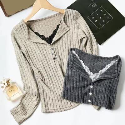 T-shirt da Donna Autunno/Inverno Stile Americano con Pannelli in Pizzo, Spalle Strutturate, Manica Lunga – Un Top Base aderente