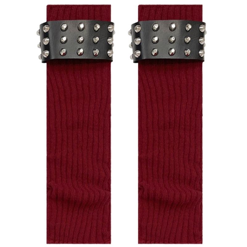 Gothic Punk Ribbed Knit Leg Warmer Sleeve with Metal Rivets Leather Belt Motorcycle Boot Covers Footless Socks for Women