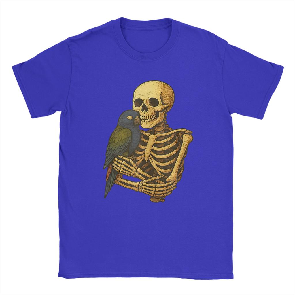 Skeleton Hugging Pionus Parrot Funny Halloween T-Shirt Men Vintage Cotton Tees O Neck Short Sleeve T Shirts Plus Size Clothes