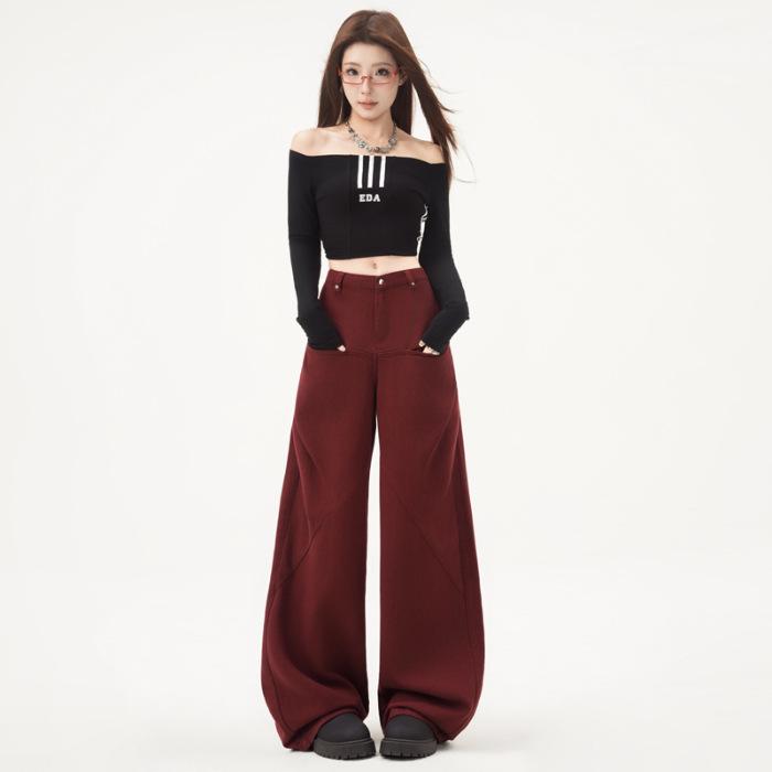 

Ancola Women s Red High-Waist Wide-Leg Jeans - Autumn/Winter 2025 Collection, Plus Velvet, Loose Fit, Straight-Leg with Pockets. L