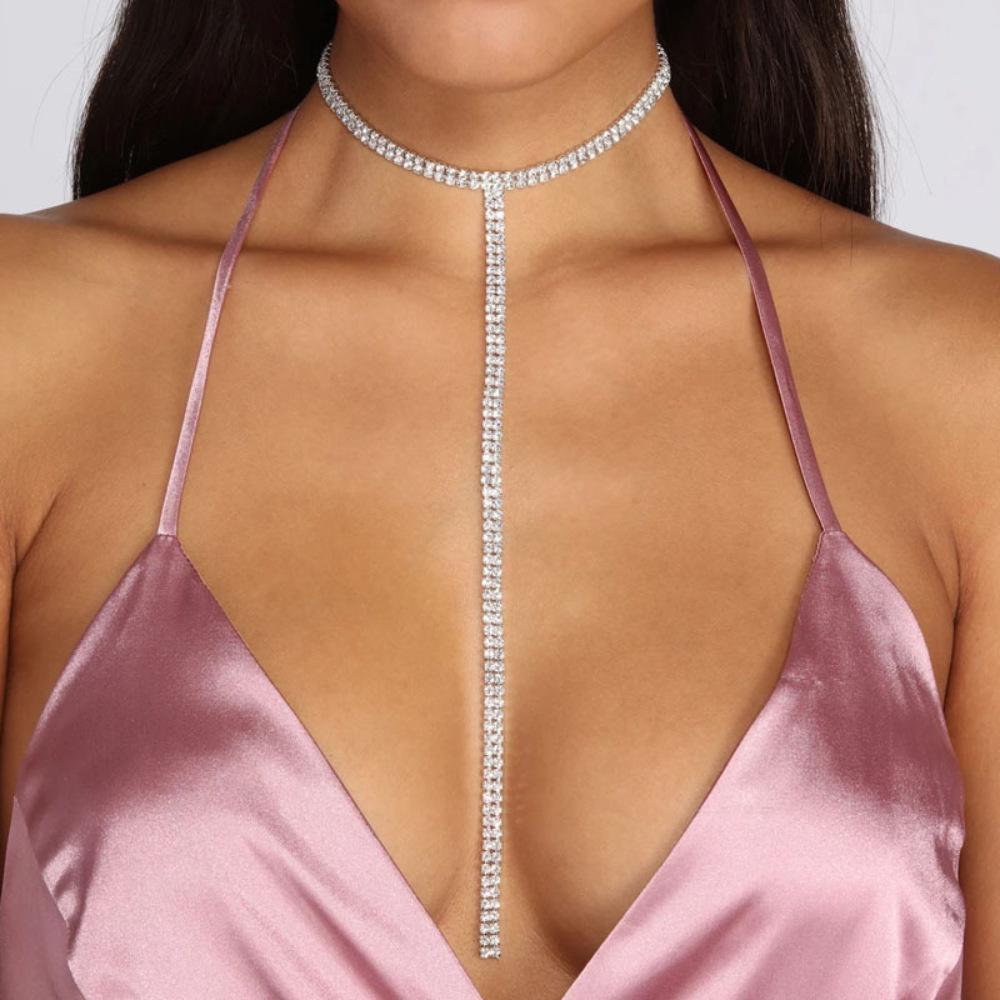 Elegant Rhinestone Double Water Drop Tassel Necklace