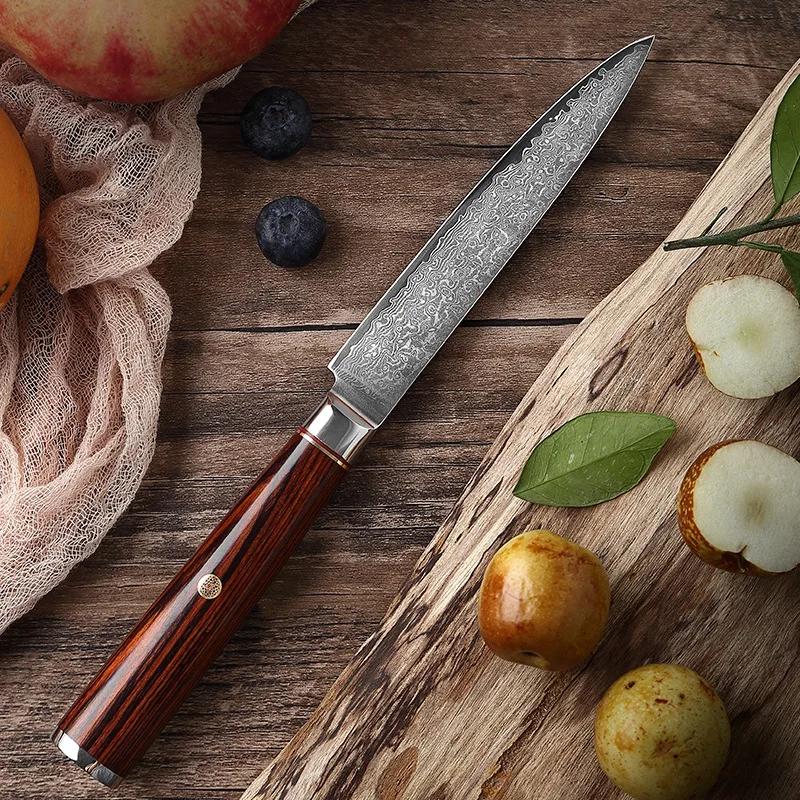 Japanese 5 Inch Utility Knife Damascus Steel  67 Layers Full Tang Damascus Knife Small Japanese Kitchen Knives Rosewood Handle