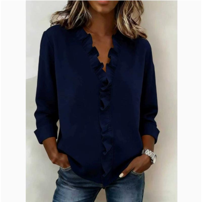 TIFICY Women's Fashion Casual Spring Autumn Solid Color Print Long Sleeve V-Neck Blouses & Shirts