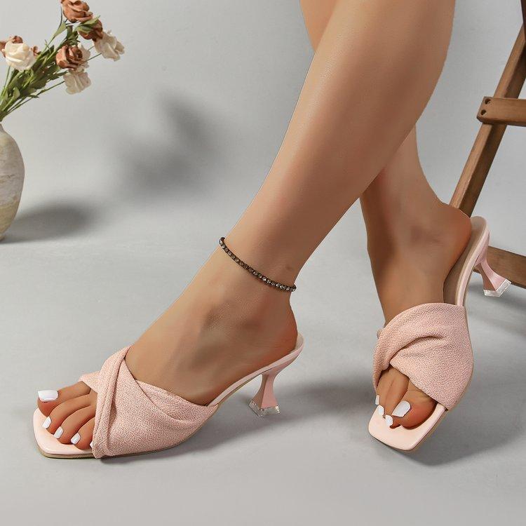 Fashion Summer Temperament Square Toe Soft Leather Flip-flops Women's New Outing Pleated Open-toe Stiletto High Heels