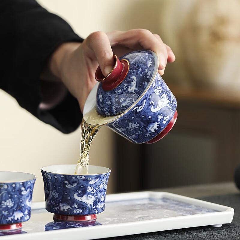 Chaxun Blue & White Crane Suspension Gaiwan for Gongfu Tea
