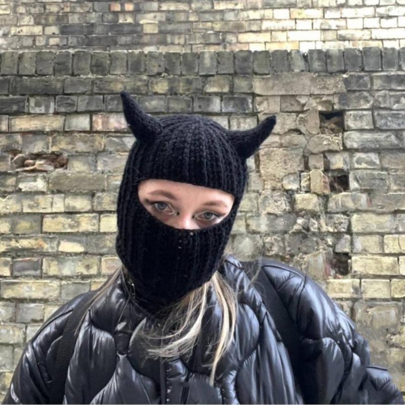 Novelty Devil Horn Face Cover Hat Knit Balaclava Cap for Women Men Winter Warm Hat Adult Halloween Costume Role Play Cap