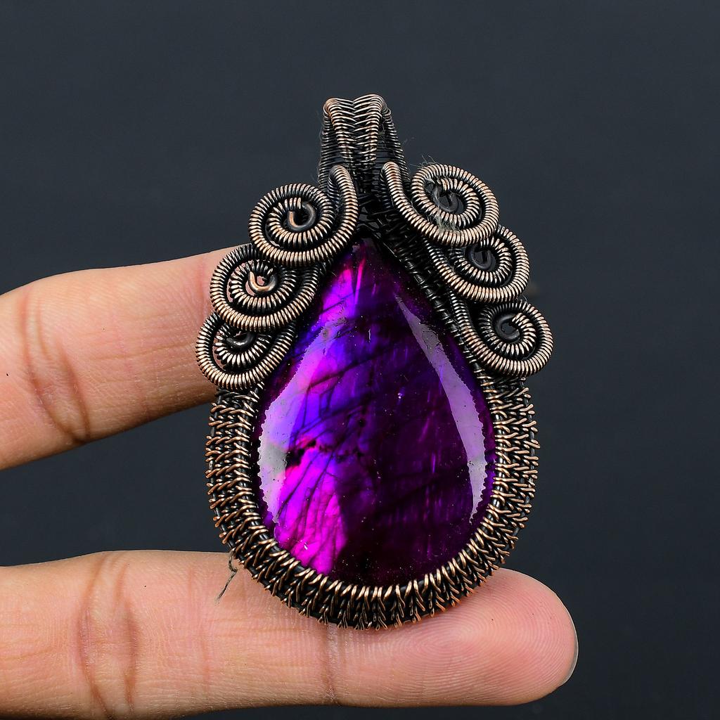 Rosa Labradorit Handgefertigter Kupferdraht Wickelanhänger Schmuck 2,64" T9L69