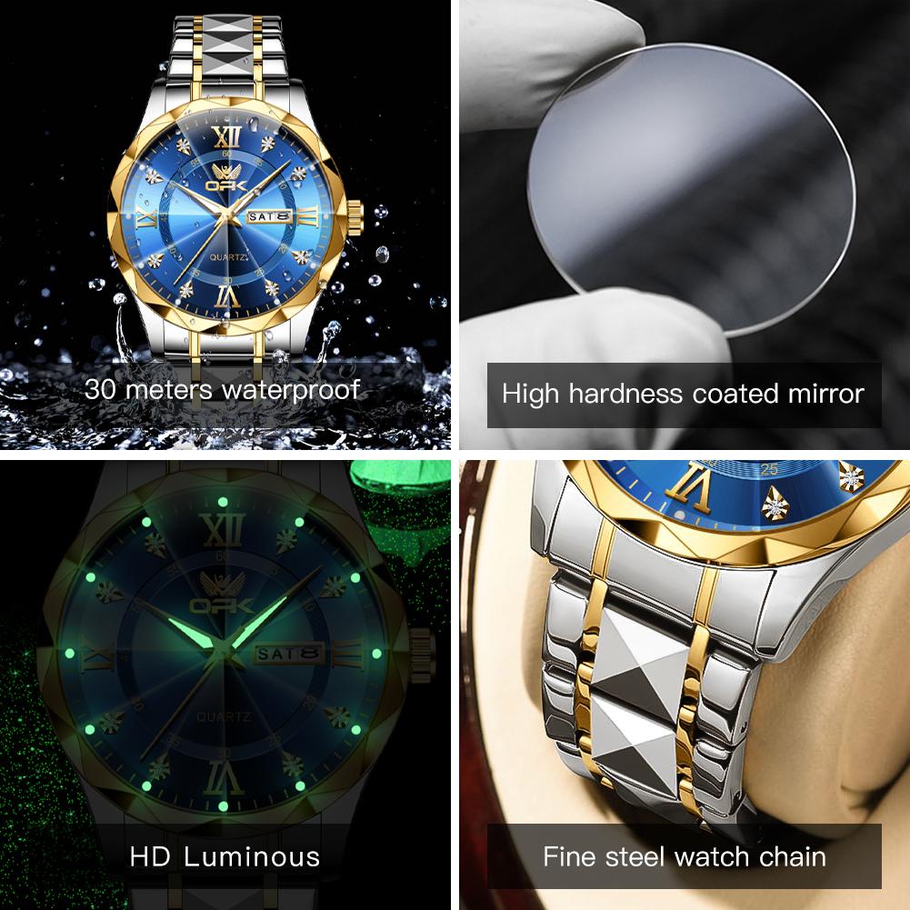 OPK Brand Original Men's Watches Waterproof Week Calendar Quartz Watch for Men Fashion Luminous Diamond Scale Watch