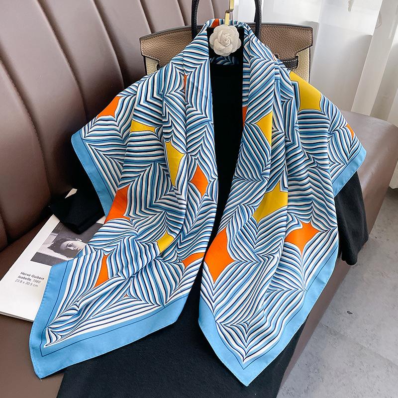 

Luxury 90*90cm Square Women Silk Scarf Abstract Striped Print Design Hijabs Female Neckerchief Scarves Wrap Headband Bandana 90X90CM