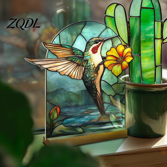 Artistic Tabletop Accents Stained Glass Style Acrylic Table Centerpieces, Floral & Landscape Pattern Exquisite Room Decor Sign with Wood Base for Home