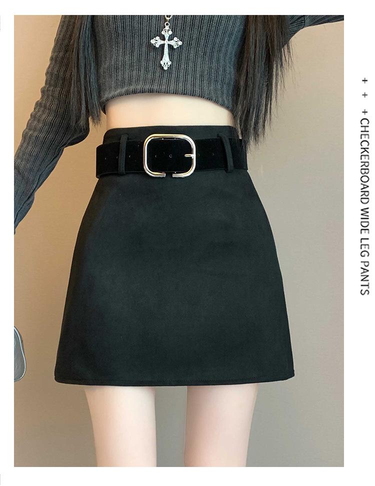 

American Sweet Cool Spicy Girl Suede A-Line Short Skirt with Belt - High Waist, Anti-Exposure, Hip-Hugging for Women (Spring/Autumn) XL