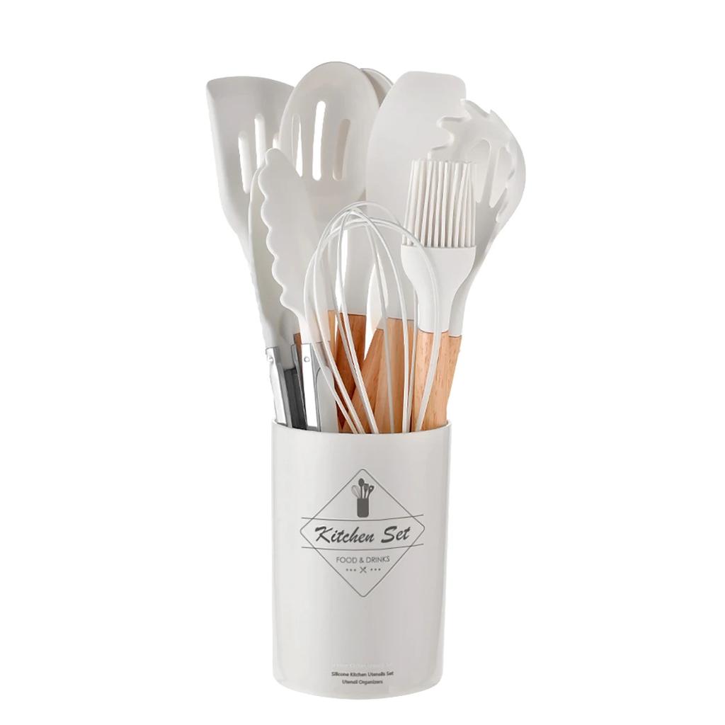 12Pcs/Set Utensílios de cozinha de silicone com alça de madeira balde resistente a altas temperaturas e antiaderente panela espátula colher