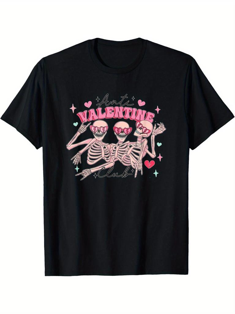 Anti Valentine Skeleton Club Graphic Tee Men's Casual Short Sleeve Cotton T-Shirt Daily Wear