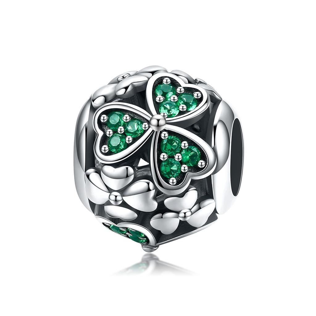 WOSTU Real 925 Sterling Silver Green Crystal Butterfly Charms Four-leaf Clover Heart Beads Fit Original Bracelet DIY Necklace