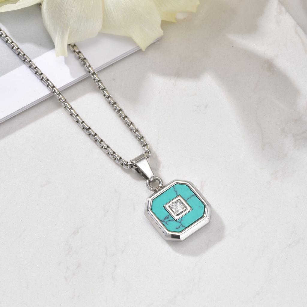 Mens Square Pendant Necklaces,Small Geometric Green Natural Stone Pendant with AAA CZ Stone,Simple Stylish Collar