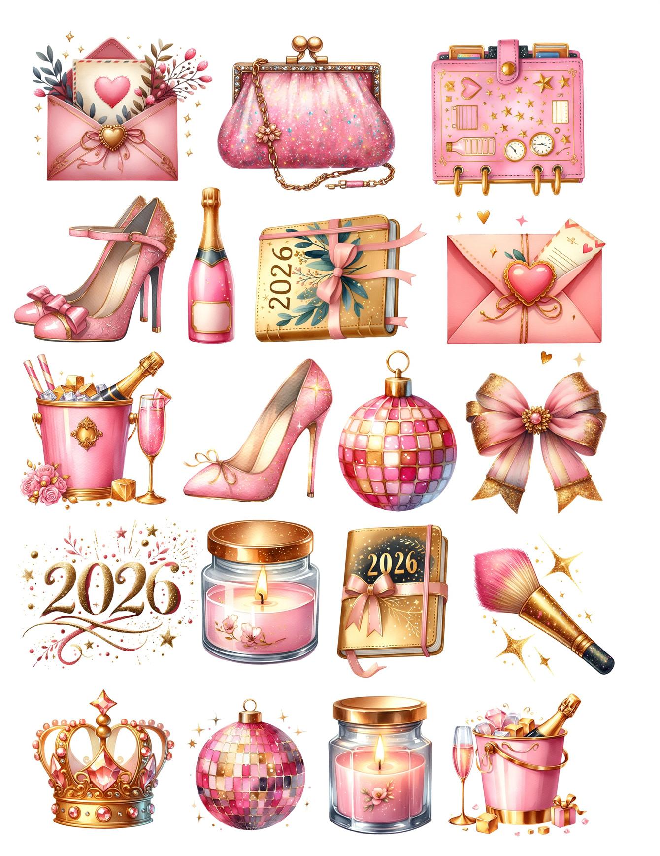 

20pcs Cute 2026 New Year s Theme Champagne Crown Stickers for Stationery Decoration Girl , Journals and Notebooksks diy білий