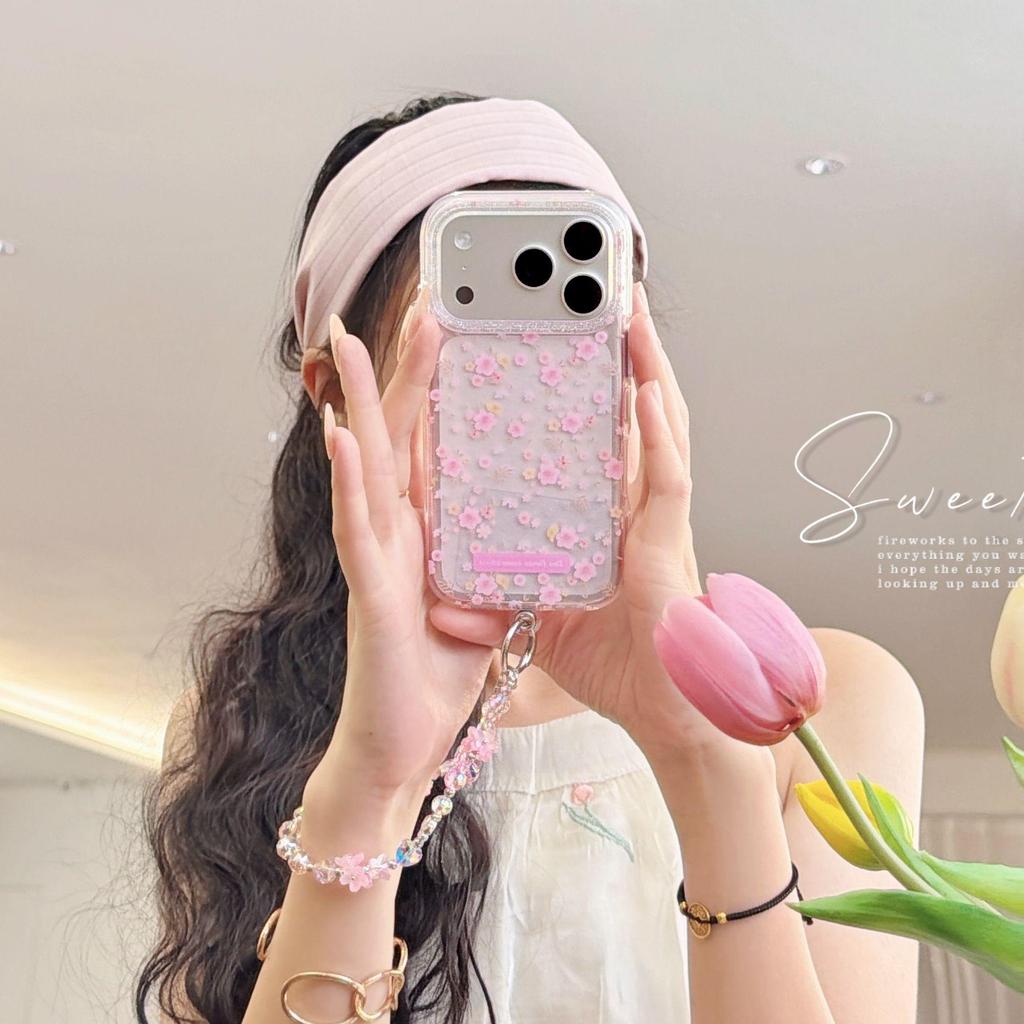 Aesthetic Pink Floral iPhone Case with Chain for Models 13-17 Pro Max