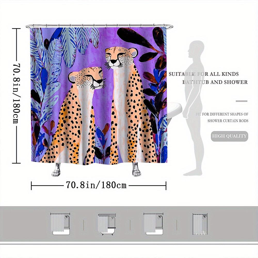 Cheetah Shower Curtain – Two Cheetahs In Love, Purple Blue Foliage Art, 70.8X70.8In, Fade-Resistant, Includes Hooks