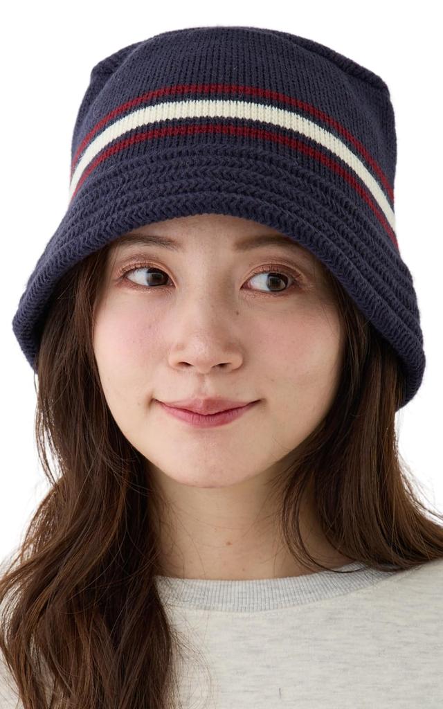 Valeria Striped Knit Bucket Soft and Suitable for All Seasons Free Women's Hat, Lightweight, (JP, Alphabet, Size, Navy)