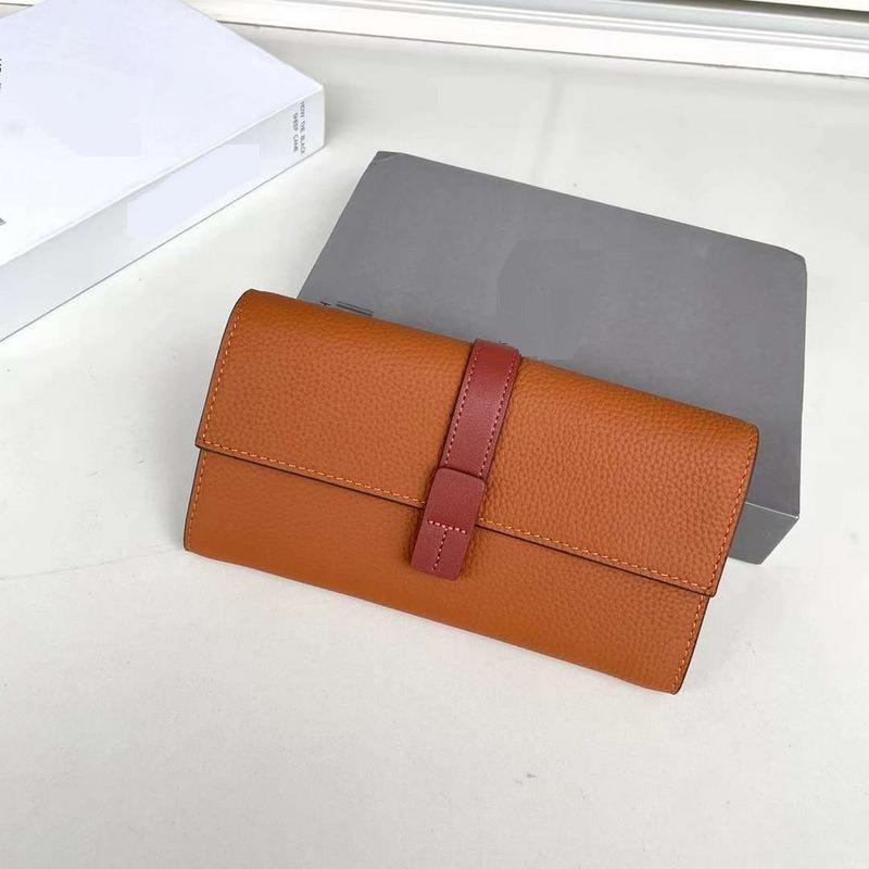 New Genuine Leather Women's Wallet Top Layer Cowhide Lychee Pattern Drawstring Contrasting Color Long Three Fold Bag