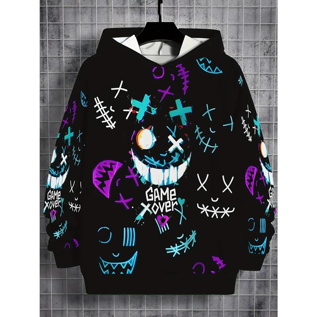 Boys' fashionable 3D printed casual pullover, spring and autumn long sleeved sportswear, boys' outdoor hoodie top